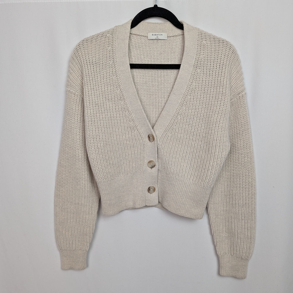 Babaton Cream Ribbed V-Neck Button Cardigan - Picture 2 of 13